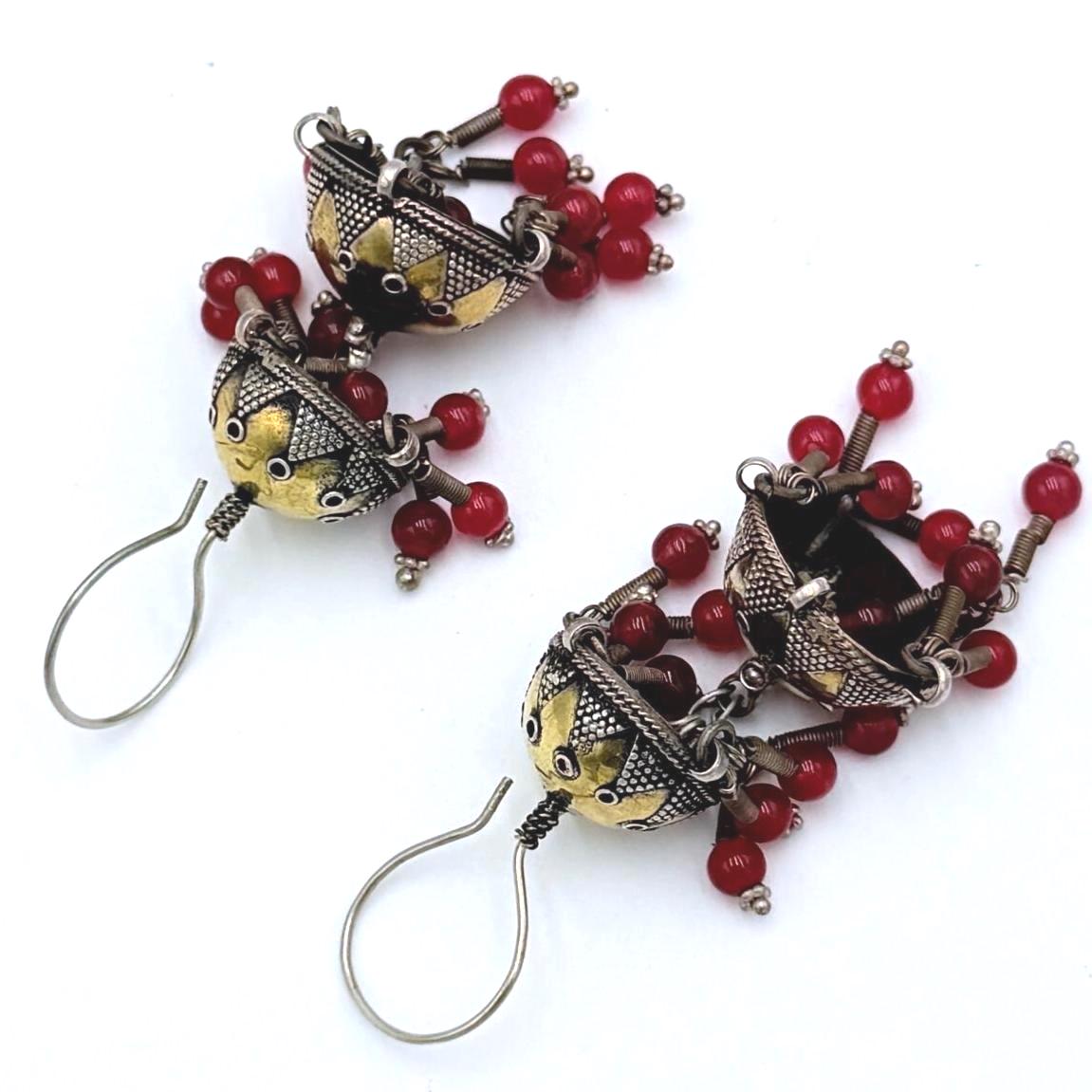 Vintage Turkmen Goldwashed Silver Earrings: Pink Glass Beads, Tribal Nomad Ethnic Statement Jewelry