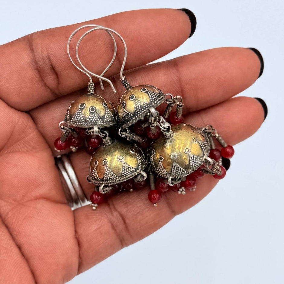 Vintage Turkmen Goldwashed Silver Earrings: Pink Glass Beads, Tribal Nomad Ethnic Statement Jewelry