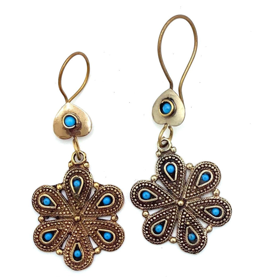 Vintage Afghan Tribal Flower Earrings - Handcrafted Boho Jewelry with Turquoise Accents