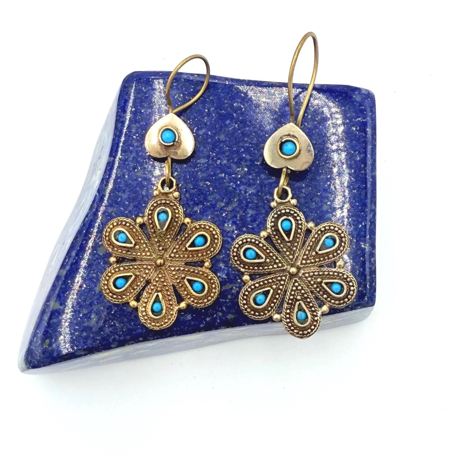 Vintage Afghan Tribal Flower Earrings - Handcrafted Boho Jewelry with Turquoise Accents