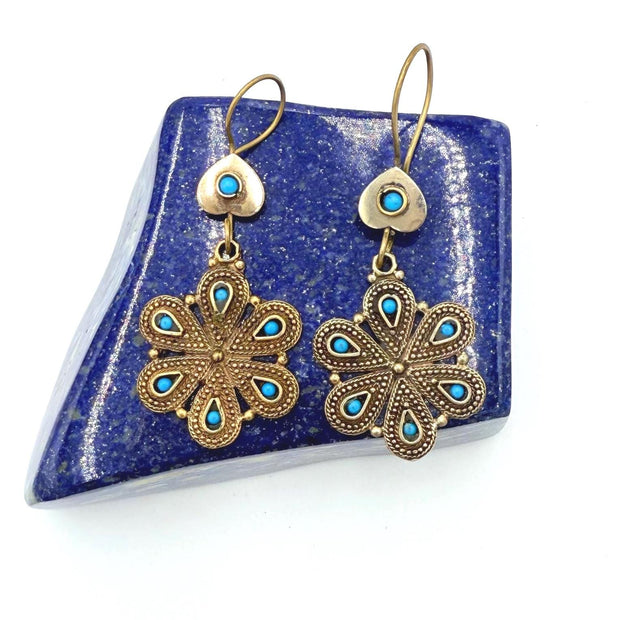 Vintage Afghan Tribal Flower Earrings - Handcrafted Boho Jewelry with Turquoise Accents
