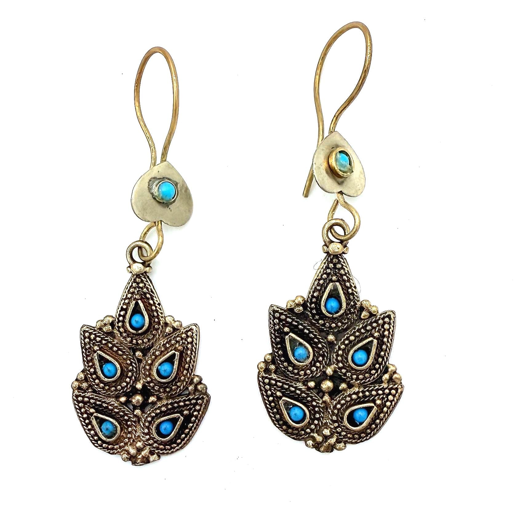 Afghan Brass & Glass Stone Earrings: Tribal Boho Statement Jewelry