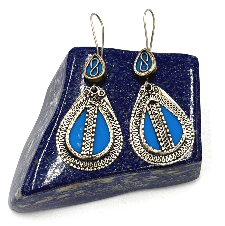 Vintage Afghani Tribal Earrings: Green Glass Stone, Boho Ethnic Jewelry