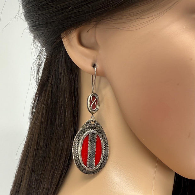 Vintage Afghani Tribal Earrings - Green Stone Statement Piece - Ethnic Middle Eastern Boho Jewelry