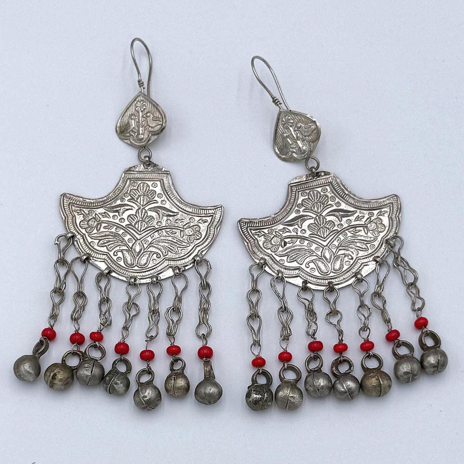 Vintage Afghan Kuchi Bell Earrings - Handmade Ethnic Tribal Dangle Jewelry with Red Beads