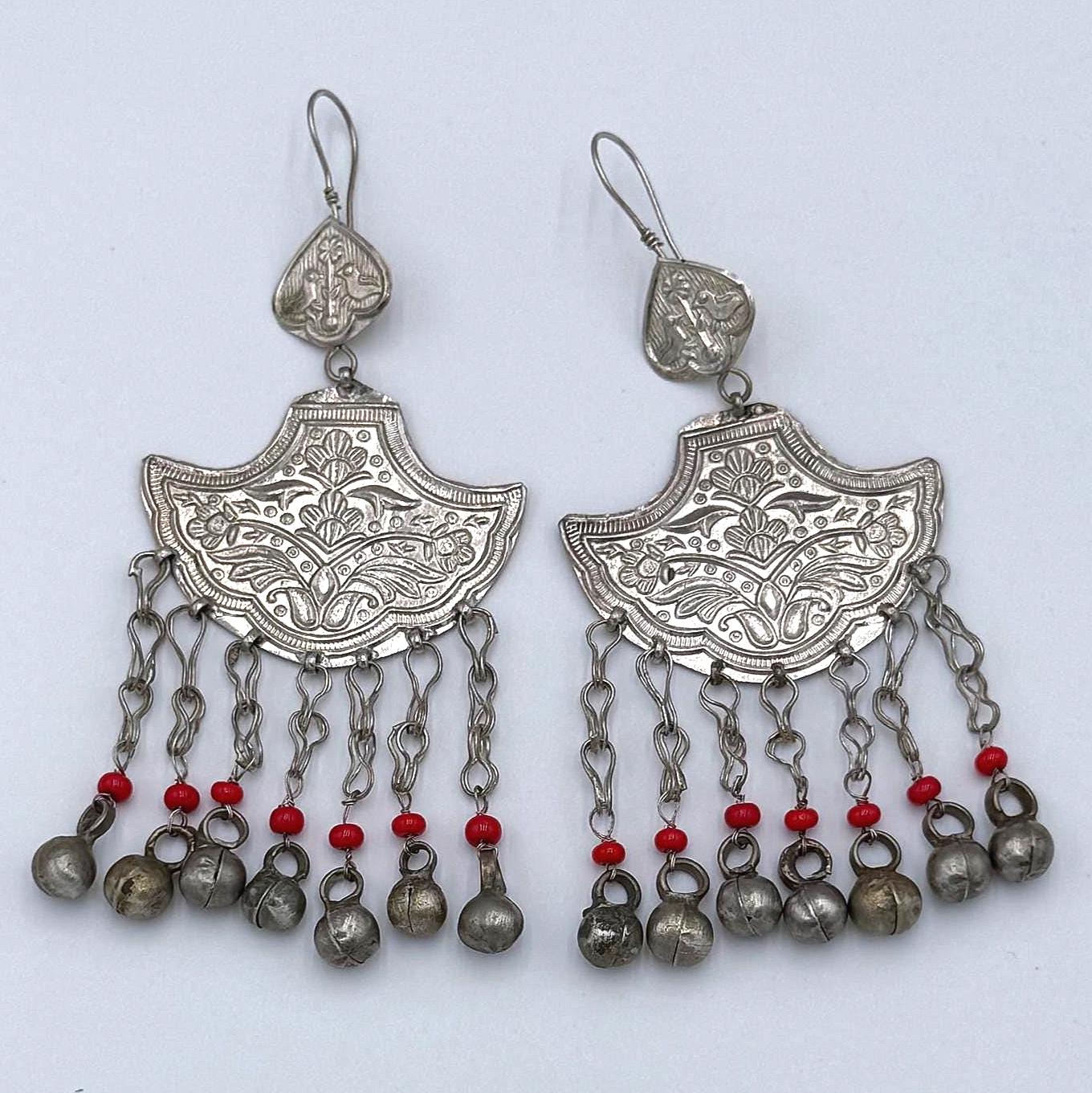 Vintage Afghan Kuchi Bell Earrings - Handmade Ethnic Tribal Dangle Jewelry with Red Beads