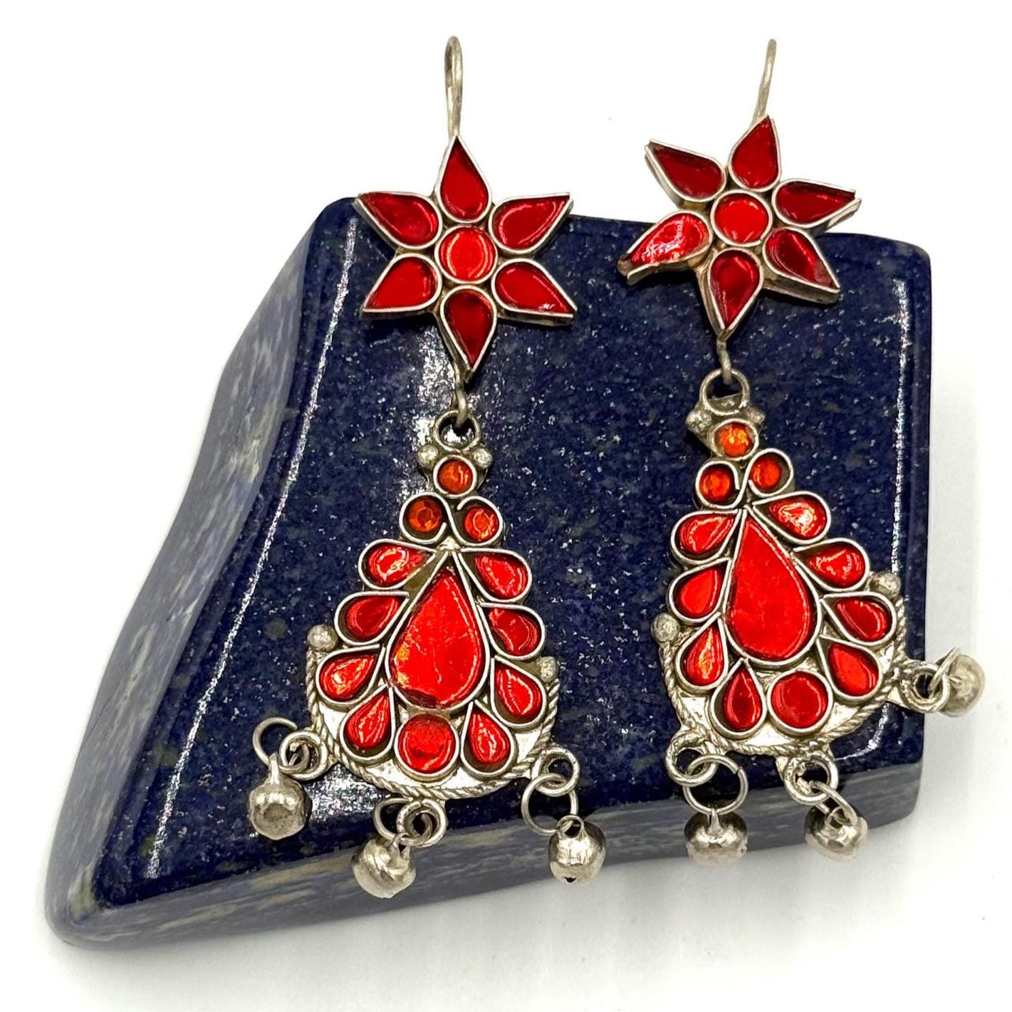 Vintage Afghani Tribal Statement Earrings - Red Stone Ethnic Middle Eastern Boho Gypsy Jewelry