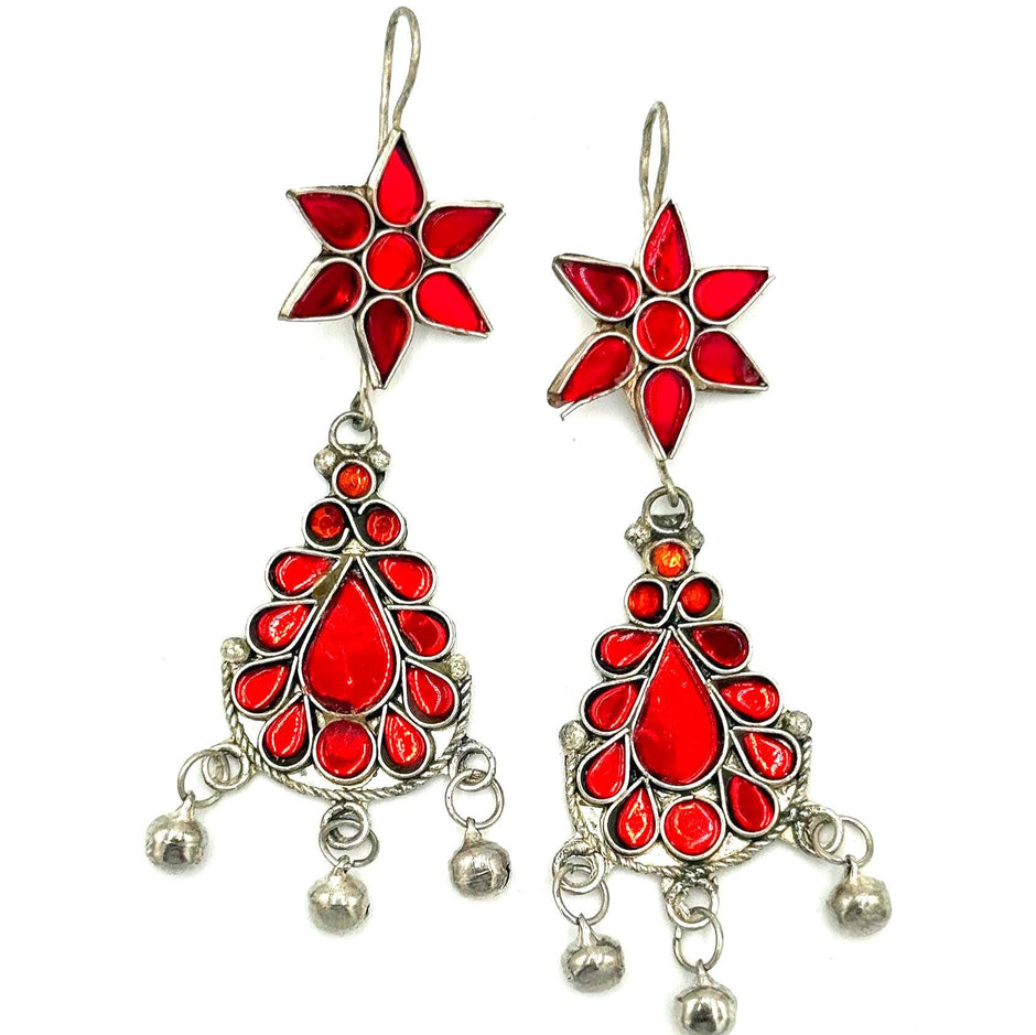 Vintage Afghani Tribal Statement Earrings - Red Stone Ethnic Middle Eastern Boho Gypsy Jewelry