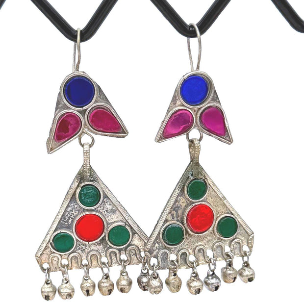 Vintage Afghan Kuchi Tribal Earrings: Colorful Glass Inlays, Bell Charms, Boho Ethnic Festival Jewelry