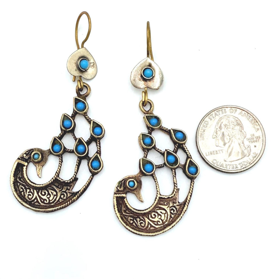 Vintage Afghan Peacock Earrings: Handmade Tribal Jewelry with Turquoise Accents