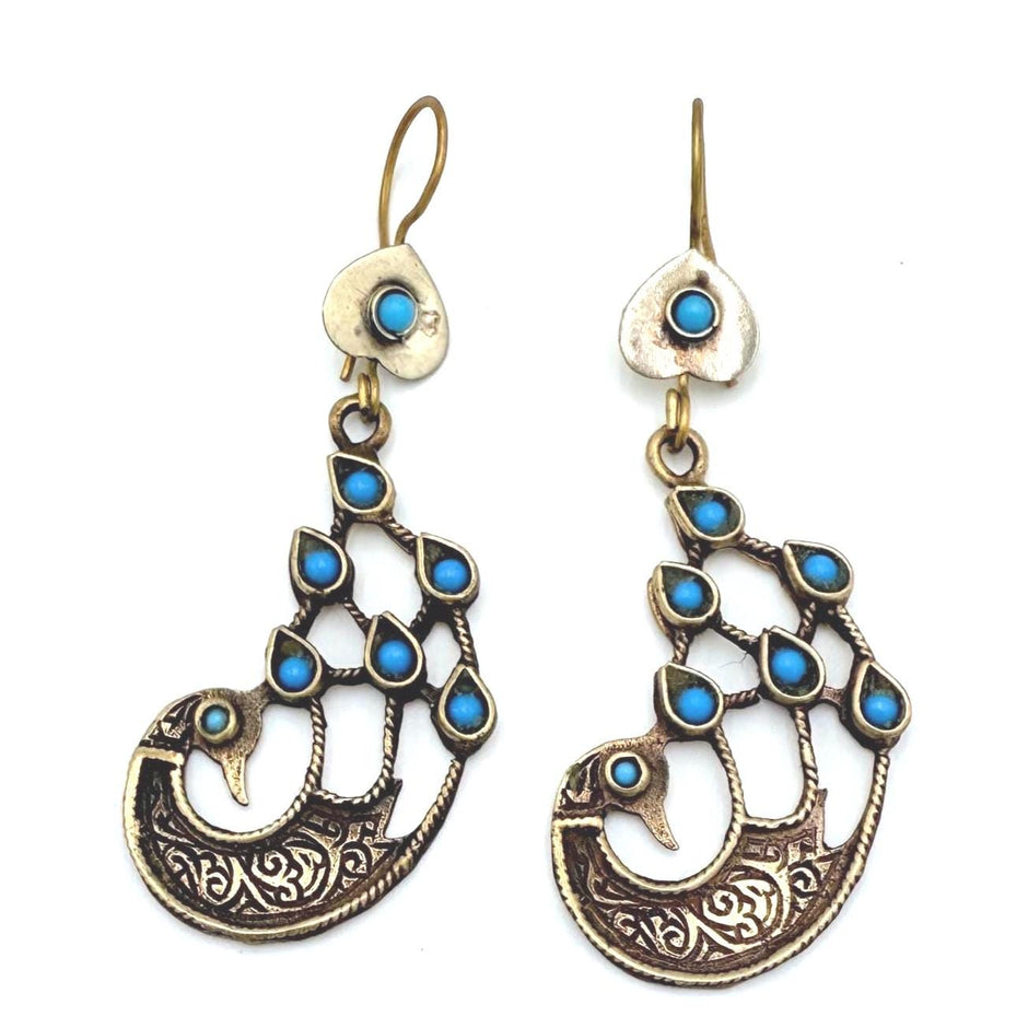 Vintage Afghan Peacock Earrings: Handmade Tribal Jewelry with Turquoise Accents
