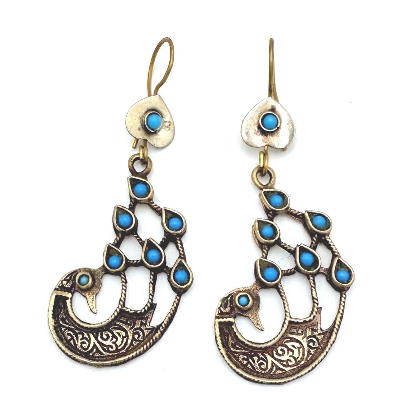 Vintage Afghan Peacock Earrings: Handmade Tribal Jewelry with Turquoise Accents