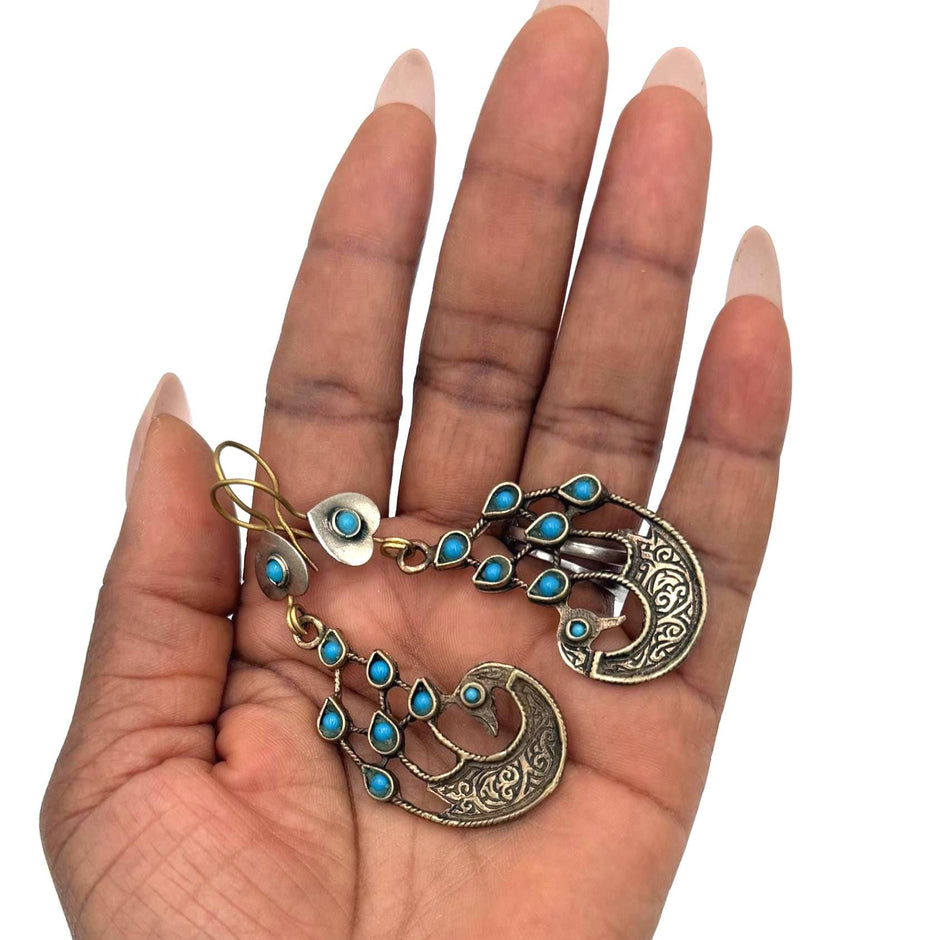Vintage Afghan Peacock Earrings: Handmade Tribal Jewelry with Turquoise Accents
