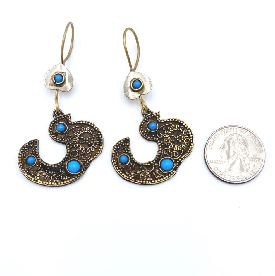 Vintage Afghan Bird Earrings: Handcrafted Tribal Jewelry with Blue Beads