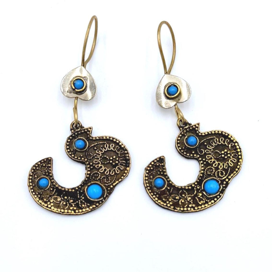 Vintage Afghan Bird Earrings: Handcrafted Tribal Jewelry with Blue Beads