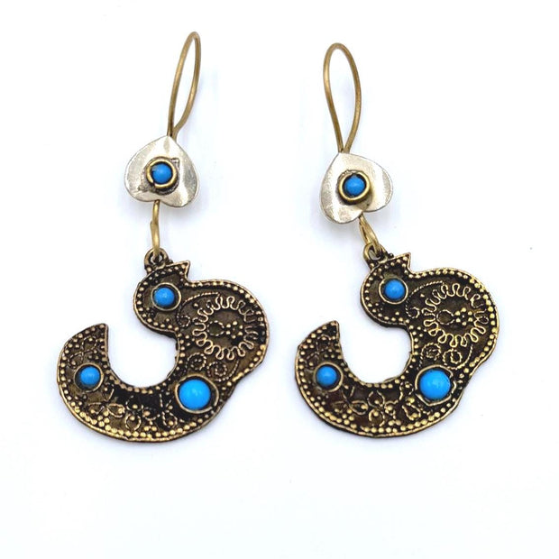 Vintage Afghan Bird Earrings: Handcrafted Tribal Jewelry with Blue Beads