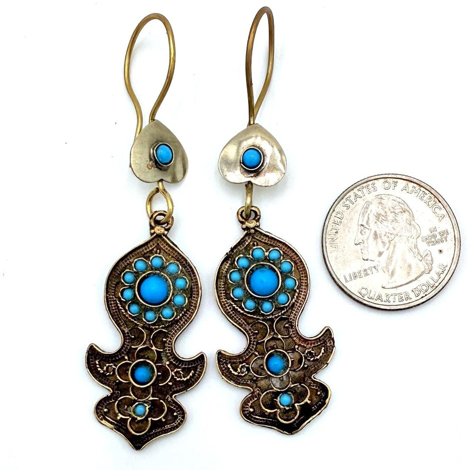 Vintage Afghan Blue Bead Earrings - Traditional Kuchi Jingle Jewelry for Baluchi Style Enthusiasts