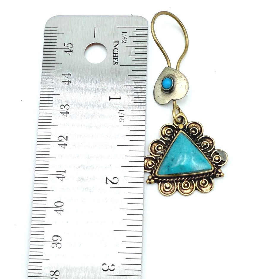 Vintage Afghan Triangle Earrings: Handcrafted Tribal Dangles with Turquoise Stone - Boho Chic Jewelry