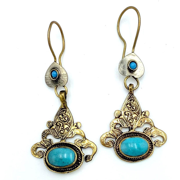 Vintage Afghan Tribal Earrings - Handcrafted Ornate Dangles with Turquoise Stone