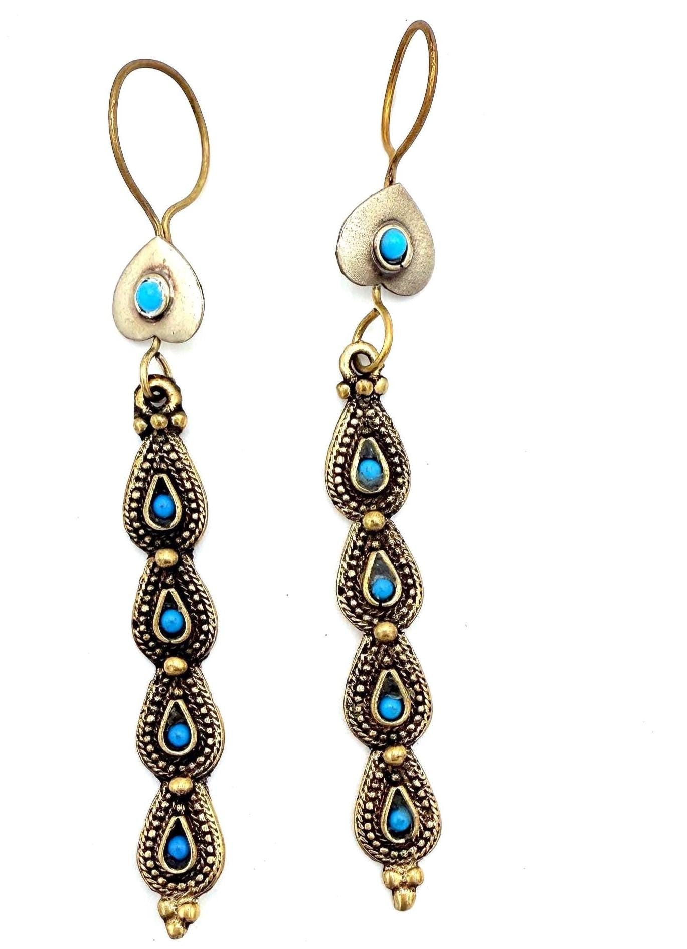Vintage Afghan Tribal Earrings - Handcrafted Turquoise Teardrop Boho Ethnic Statement Jewelry