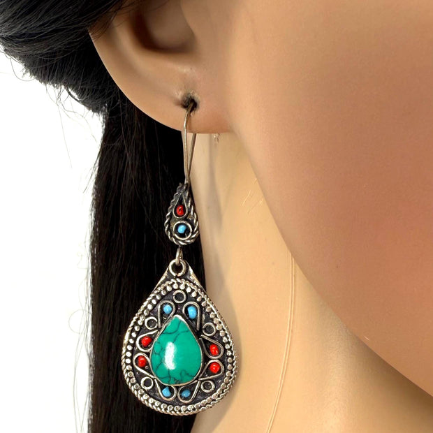 Vintage Afghan Earrings – Bold Teardrop Statement Jewelry with Colorful Stones