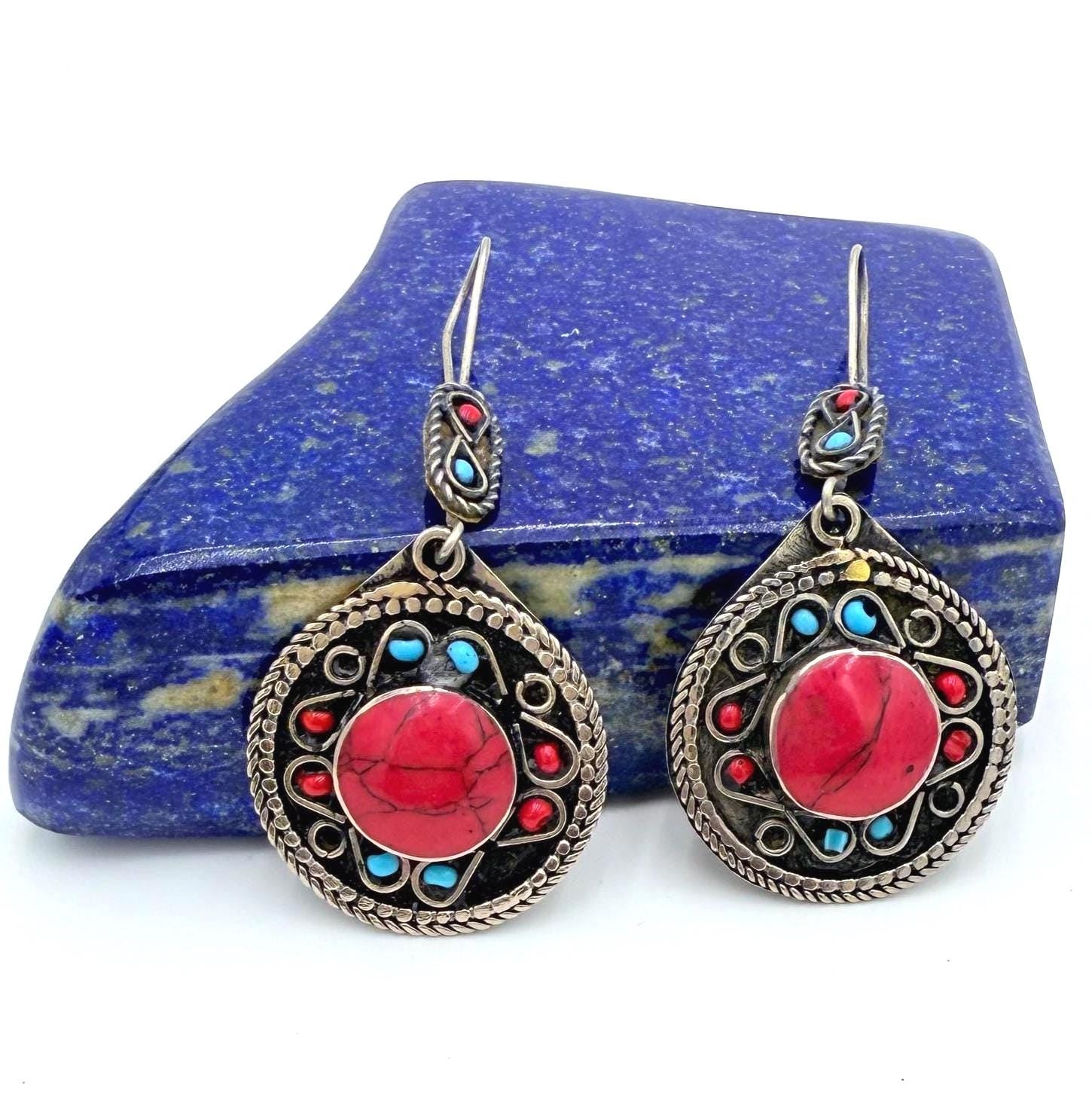 Vintage Afghan Round Earrings – Handcrafted Tribal Jewelry with Red, Blue & Silver Accents