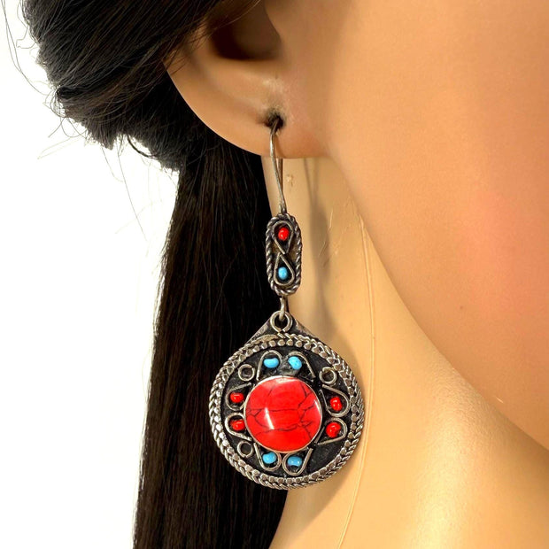 Vintage Afghan Round Earrings – Handcrafted Tribal Jewelry with Red, Blue & Silver Accents