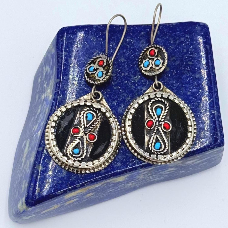 Afghan Round Tribal Earrings – Handcrafted Boho Jewelry  Black