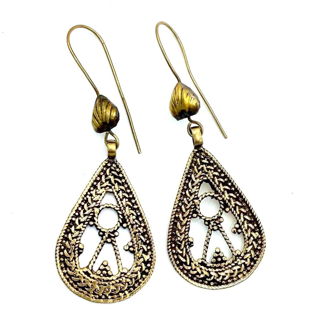 Afghan Teardrop Filigree Earrings – Handcrafted Vintage Brass Tribal Dangles