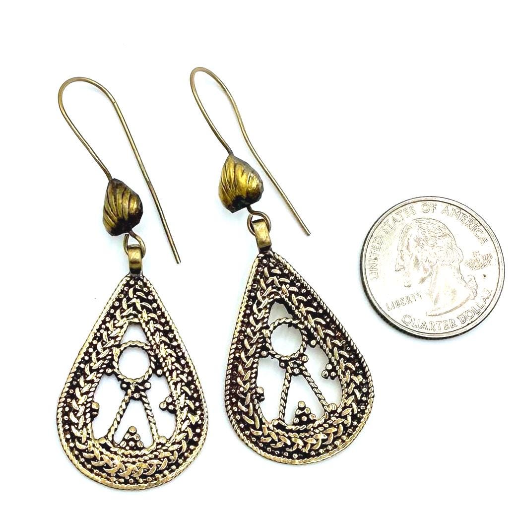 Afghan Teardrop Filigree Earrings – Handcrafted Vintage Brass Tribal Dangles