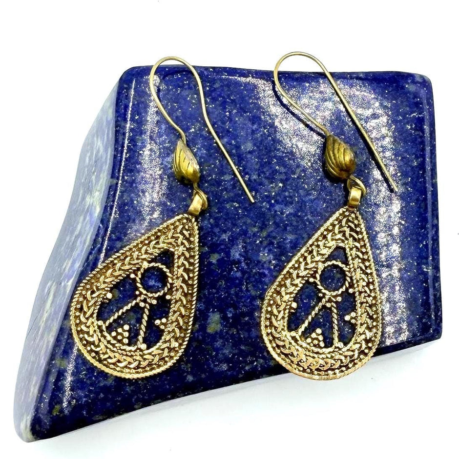 Afghan Teardrop Filigree Earrings – Handcrafted Vintage Brass Tribal Dangles