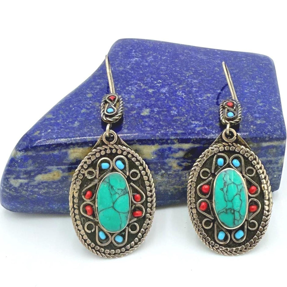 Handmade Afghan Oval Earrings – Tribal Drop Jewelry with Lapis Blue, Red & Turquoise Stones