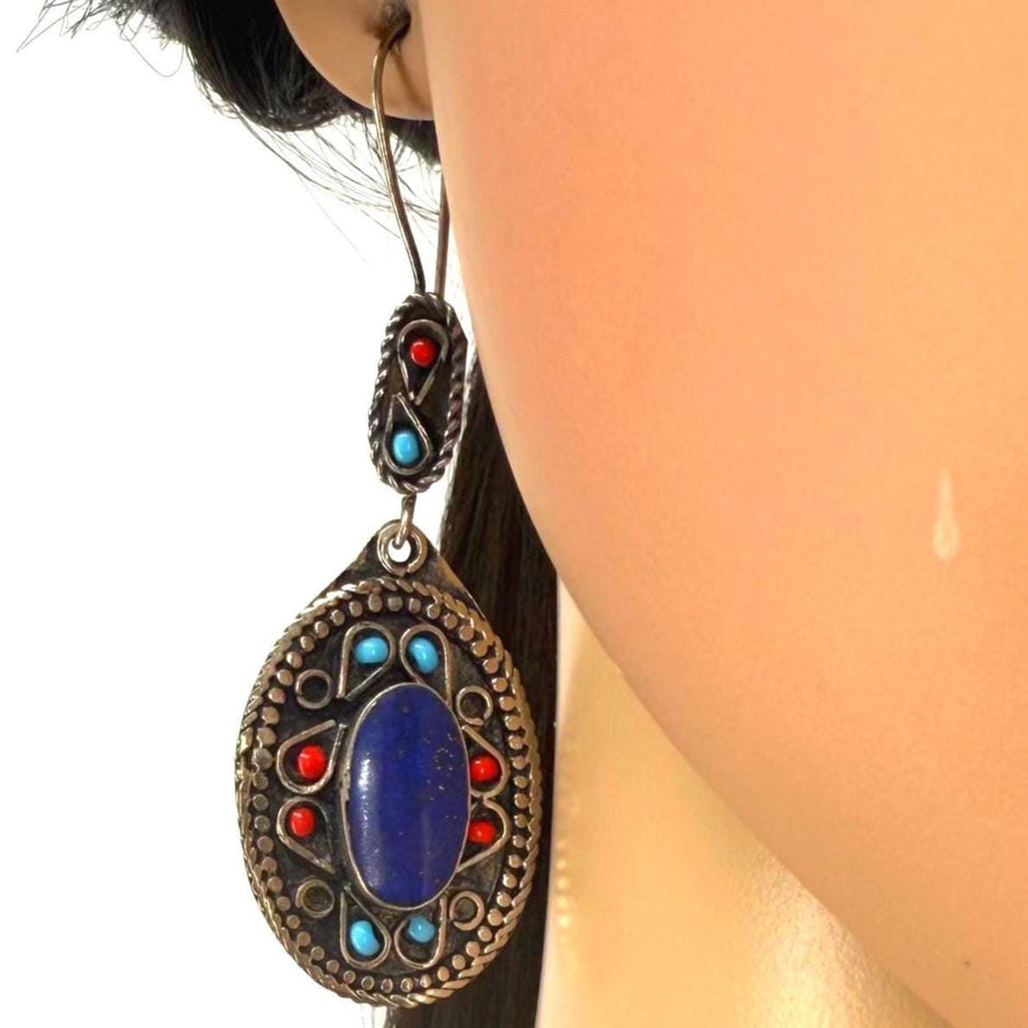 Handmade Afghan Oval Earrings – Tribal Drop Jewelry with Lapis Blue, Red & Turquoise Stones