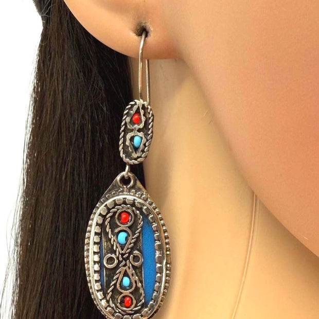 Handcrafted Afghan Oval Earrings – Tribal Silver-Tone Dangles with Red & Turquoise Inlays
