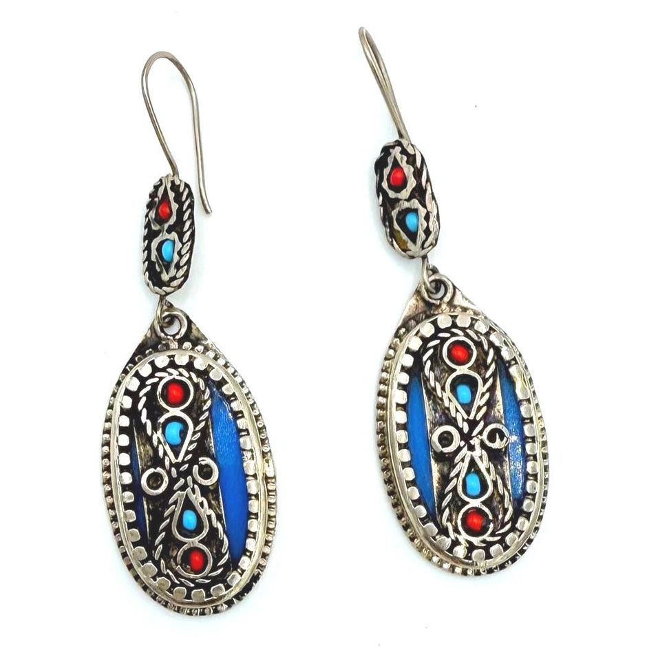 Handcrafted Afghan Oval Earrings – Tribal Silver-Tone Dangles with Red & Turquoise Inlays