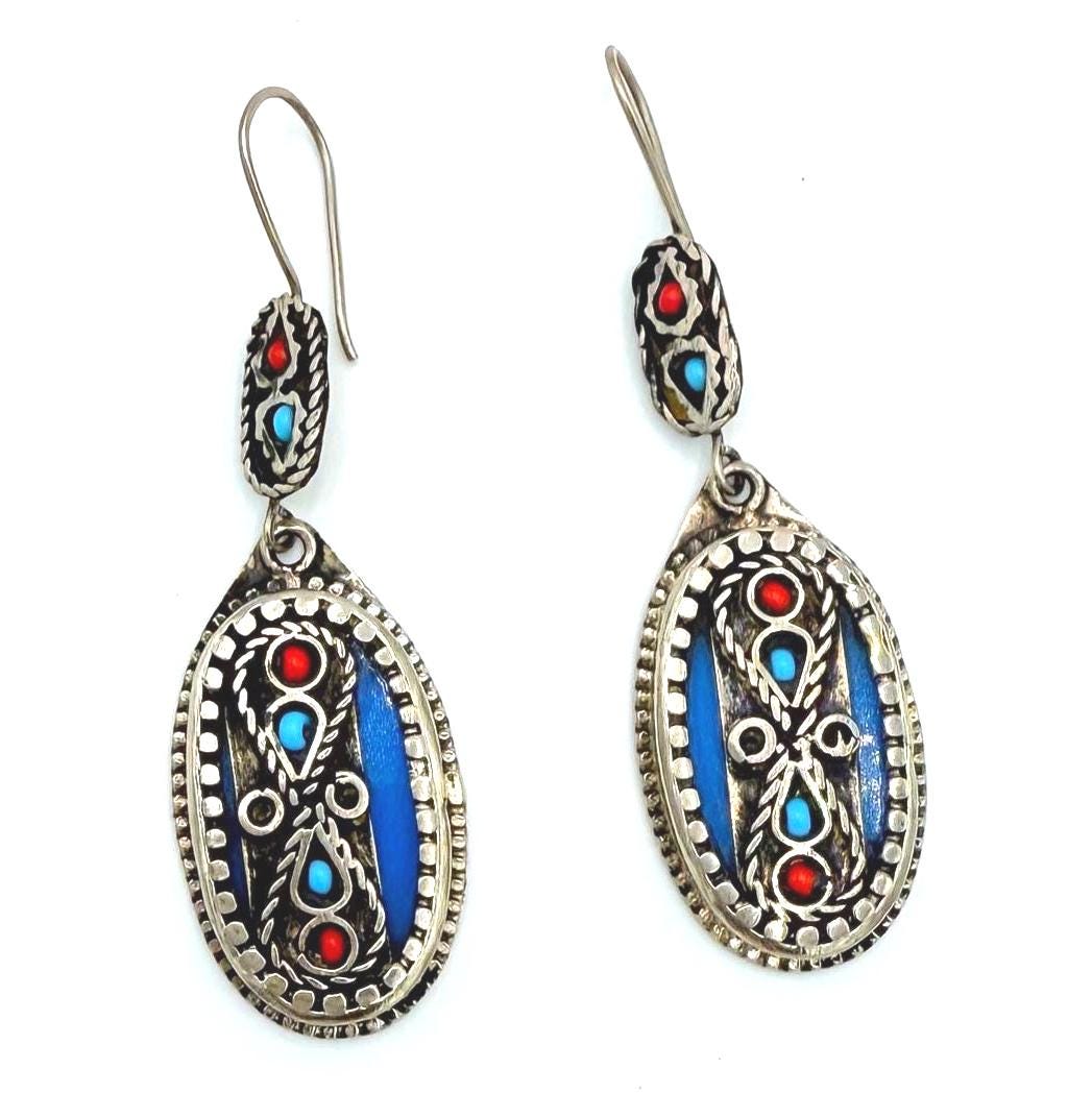 Handcrafted Afghan Oval Earrings – Tribal Silver-Tone Dangles with Red & Turquoise Inlays