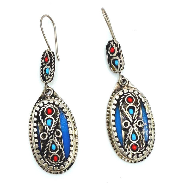 Handcrafted Afghan Oval Earrings – Tribal Silver-Tone Dangles with Red & Turquoise Inlays