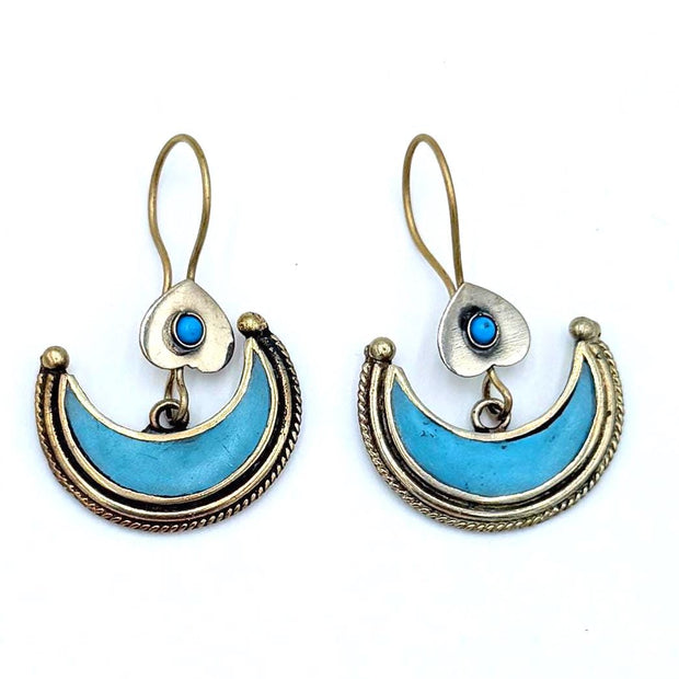 Afghan Crescent Moon Earrings – Handcrafted Boho Jewelry with Turquoise Inlay