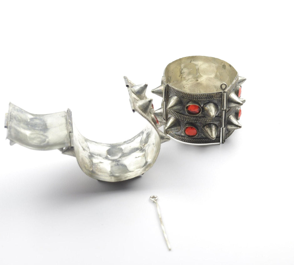 Vintage Afghan Tribal Cuff Bracelets: Red Stone Spiked Jewelry (Set of 2)