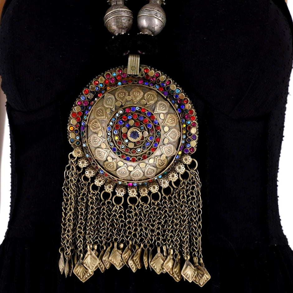Handmade Afghan Kuchi Necklace | Vintage Tribal Statement Pendant, Glass Stones