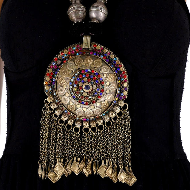 Handmade Afghan Kuchi Necklace | Vintage Tribal Statement Pendant, Glass Stones