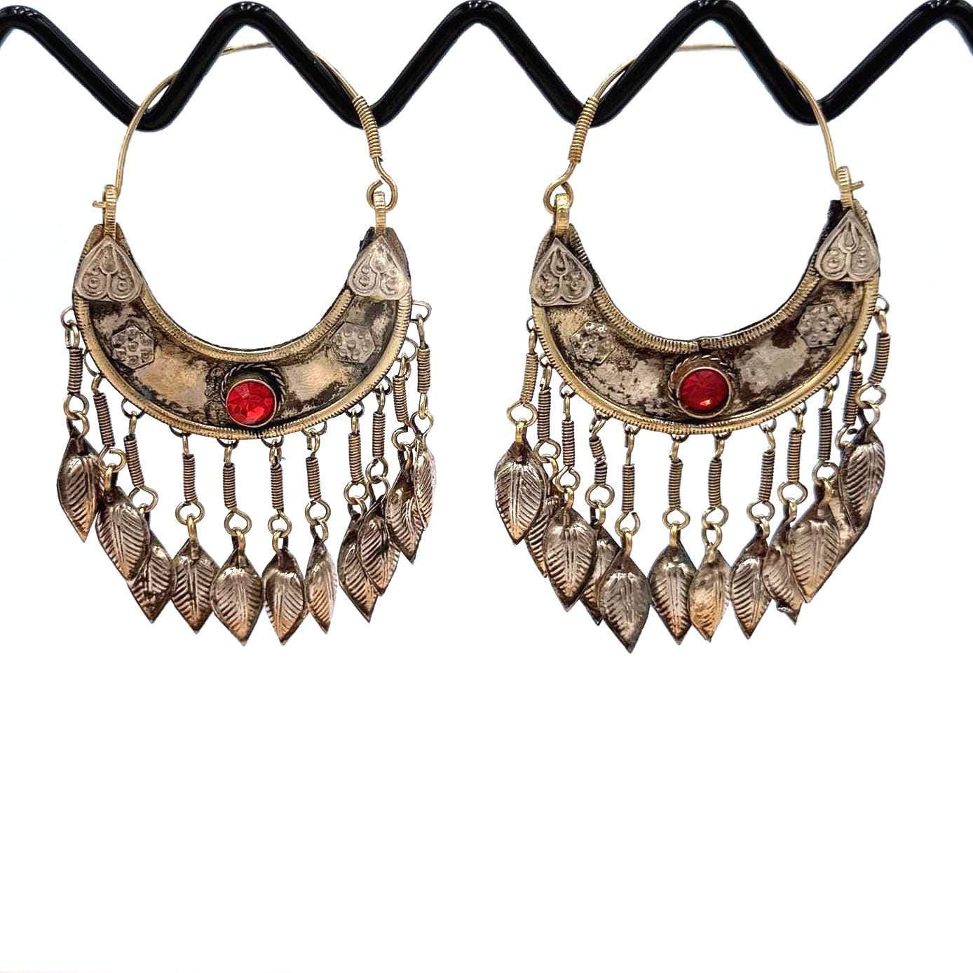 Vintage Afghan Kuchi Hoop Earrings: Red Glass Stone, Tribal Jewelry