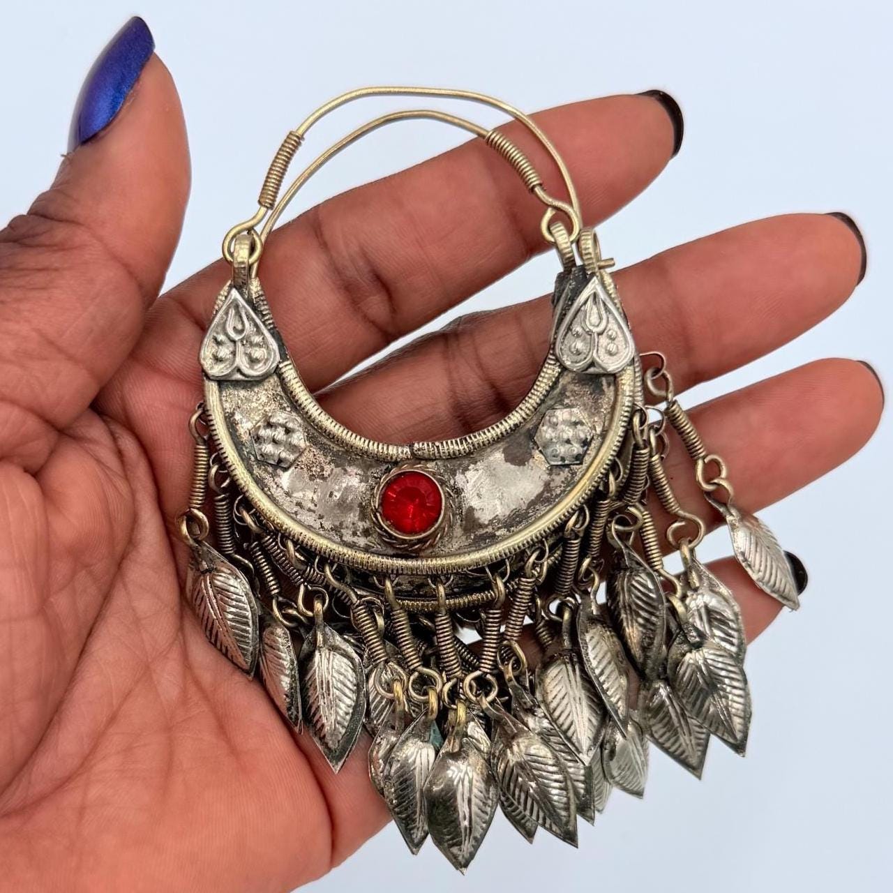 Vintage Afghan Kuchi Hoop Earrings: Red Glass Stone, Tribal Jewelry