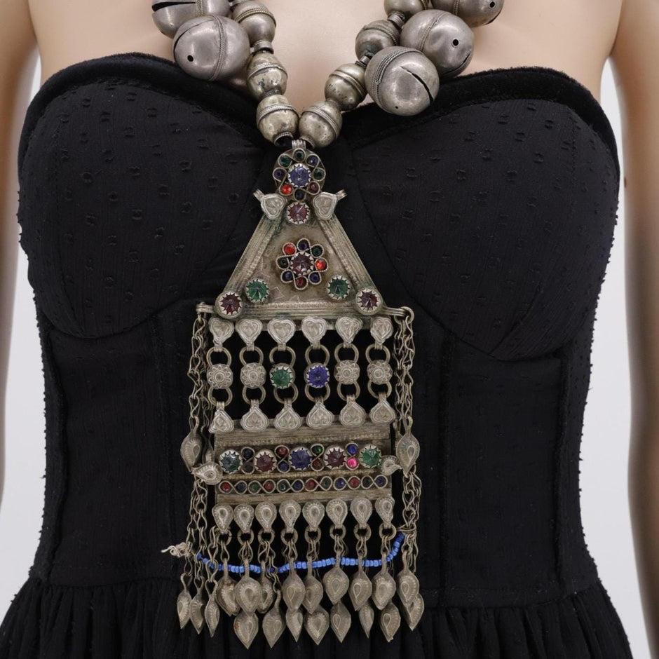 Vintage Turkmen Kuchi Necklace: Afghan Brass, Glass & Metal Tribal Jewelry