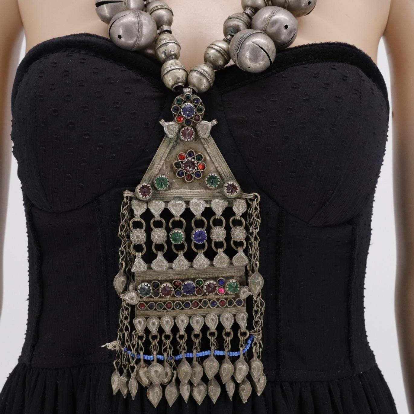 Vintage Turkmen Kuchi Necklace: Afghan Brass, Glass & Metal Tribal Jewelry