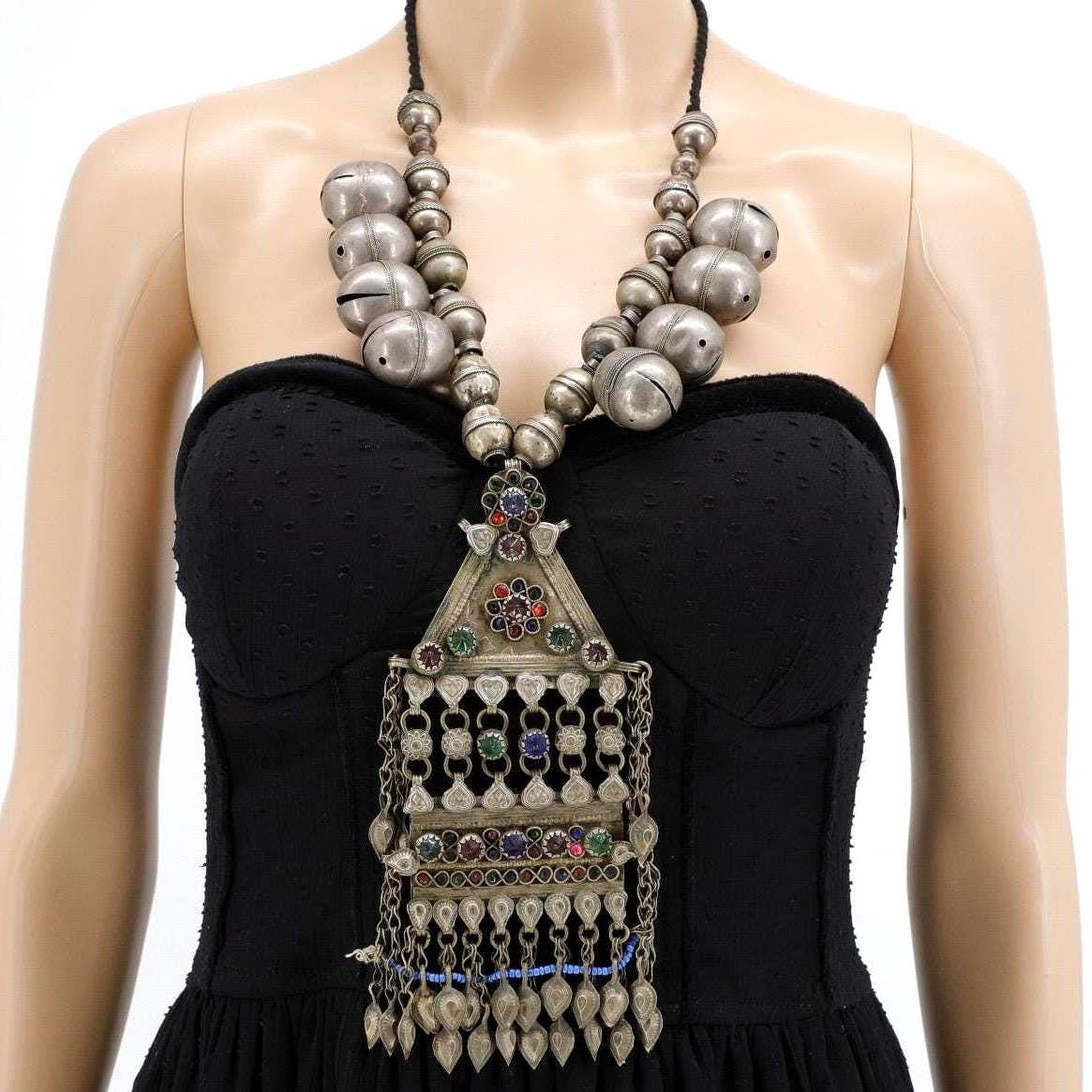 Vintage Turkmen Kuchi Necklace: Afghan Brass, Glass & Metal Tribal Jewelry