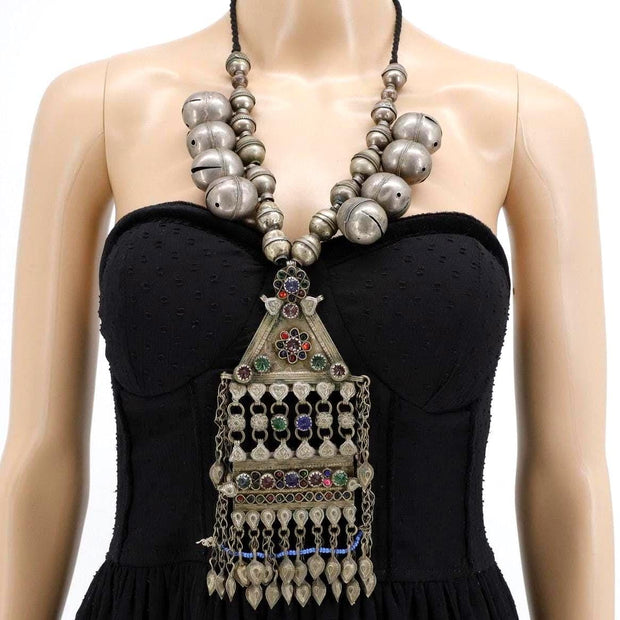 Vintage Turkmen Kuchi Necklace: Afghan Brass, Glass & Metal Tribal Jewelry