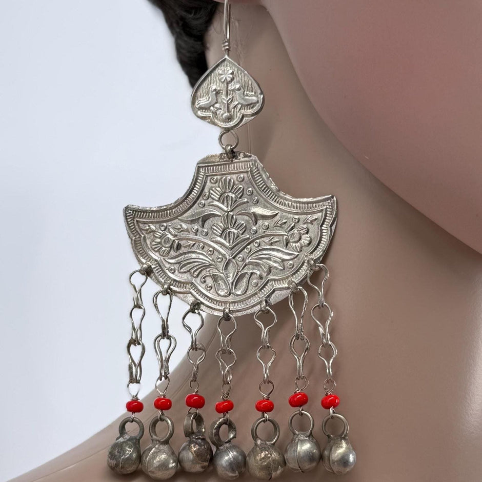 Vintage Afghan Kuchi Bell Earrings - Handmade Ethnic Tribal Dangle Jewelry with Red Beads