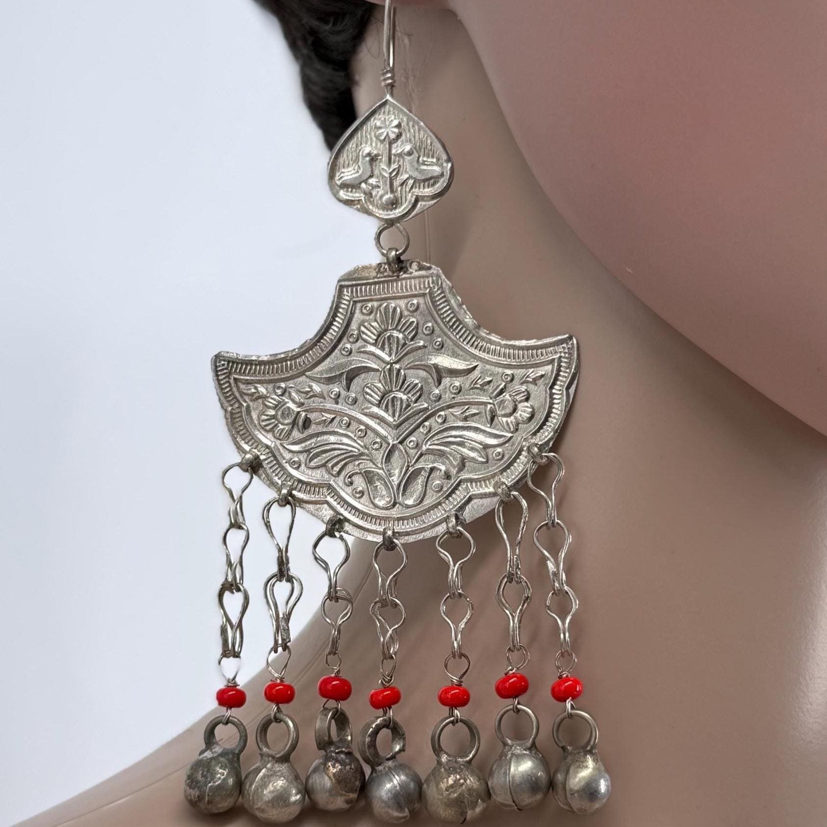 Vintage Afghan Kuchi Bell Earrings - Handmade Ethnic Tribal Dangle Jewelry with Red Beads