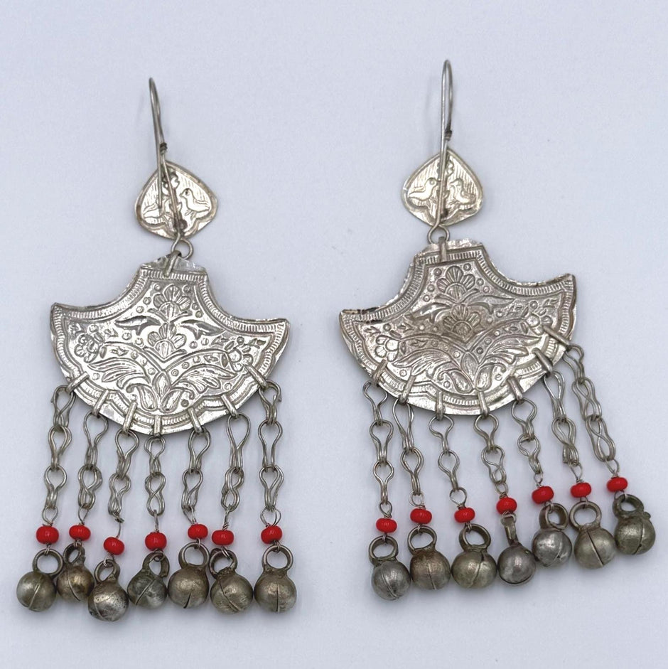 Vintage Afghan Kuchi Bell Earrings - Handmade Ethnic Tribal Dangle Jewelry with Red Beads